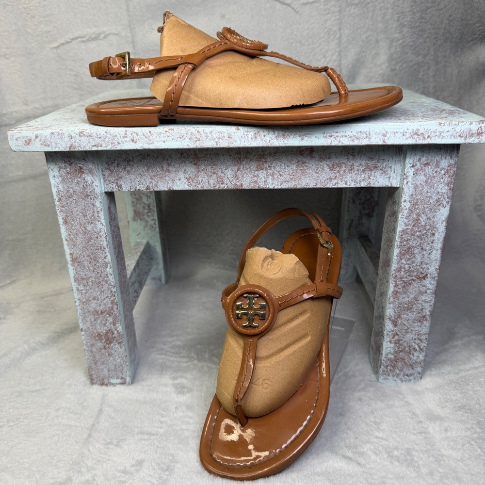 Tory Burch Miller Thong Sandals Womens 7 Tan Leather Slingback Flat 42752